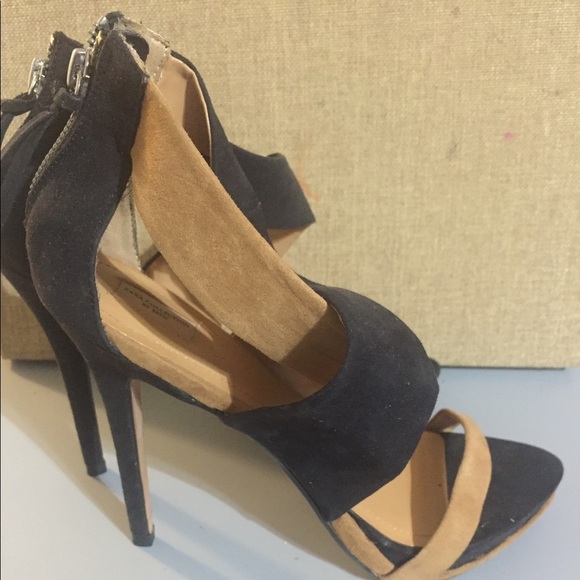 Zara Black‎ & tan brown suede open toe cross band platform stilettos size 41/10 - Picture 3 of 14